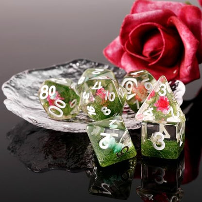 Handan Resin DND Dice Set Handmade Flower D&D Die Filled with Flowers and Grass for D&D Dungeons and Dragon Tabletop Games