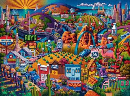 Buffalo Games - Eric Dowdle Get Your Kicks on Route 66-1000 Piece Puzzle | Made in USA, Recycled Board, Finished Size 26.75 x 19.75 in, Includes Poster, Giftable, Frameable Art