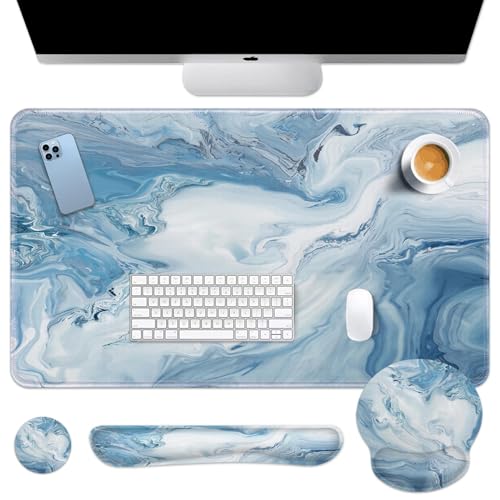 Arttown Blue White Gradient Desk Mat Abstract Ocean Marble Mouse Pad Set 4 in 1 Ergonomic Design Large Mousepad + Keyboard Wrist Rest + Mouse Wrist Rest + Coaster Suitable for Home Office Study Game - color: Blue White Marble