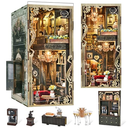 MiniCity Book Nook Kit, DIY Miniature Dollhouse Book Nook Kit with Dust Cover and LED Light (Saisons Café) | 7.1 x 4.3 x 9.1 in; 347 pieces, LED and dust cover; glue/tools and guide included; 8-10 hr DIY build for display, ages 14+. - style: Saisons Café
