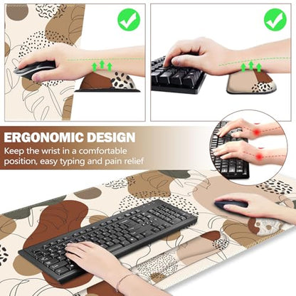 ARTSO Desk Pad and Keyboard Wrist Rest, Large Gaming Mouse Pad+Keyboard Wrist Pad+Mouse Wrist Support, 4 in 1 Desk Mat Protector for Office, Home (Abstract Leaf) - color: Brown Abstract Leaf