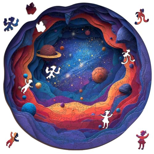 MEATRN Wooden Puzzles for Adults - Solar System Planet Jigsaw Puzzles, Outer Space Unique Shape Creative Home Decorative, Challening Wood Puzzle Gift for Kids, Family Game, 199 Pcs, 11.2x11.1 in - color: Space Dark Blue, size: Small