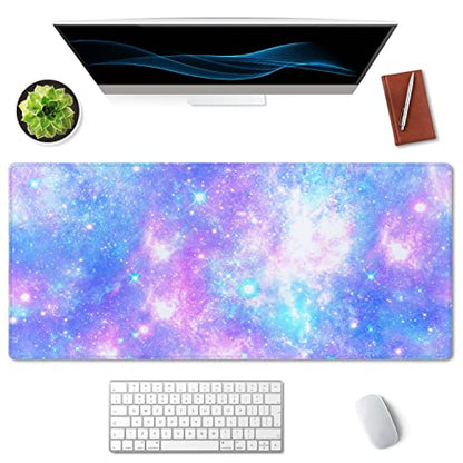 SSOIU Desk Mat,Large Mouse Pad 35.5" x 15.7" XXL Extended Gaming Mouse Pad Mat with Non-Slip Base Stitched Edge Mousepad for Computer,Office,Keyboard and Laptop - Pink and Blue Magical Galaxy Star - color: Galaxy Star