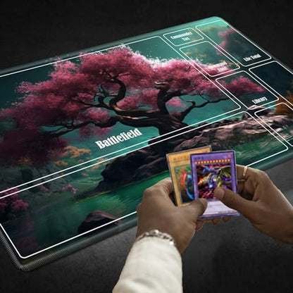 Board Game Mat TCG Playmat Plus 50 Pcs Card Sleeves, 24 x 14 inches Table Mats Games Mousepad with Zones Smooth Surface for MTG RPG CCG Trading Card Game Play Mats, Pink Cherry Trees - color: Pink Cherry Trees, size: Zone 1