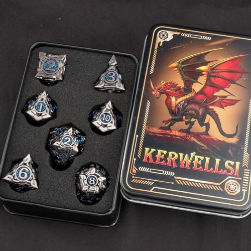 KERWELLSI Metal DND Dice Set D&D, 7Pcs Nature Vines Leaf Role Playing Dice with Gift Box, Black Blue Dungeons Dragons D and D Game Dice D20 D12 D10 D8 D6 D4
