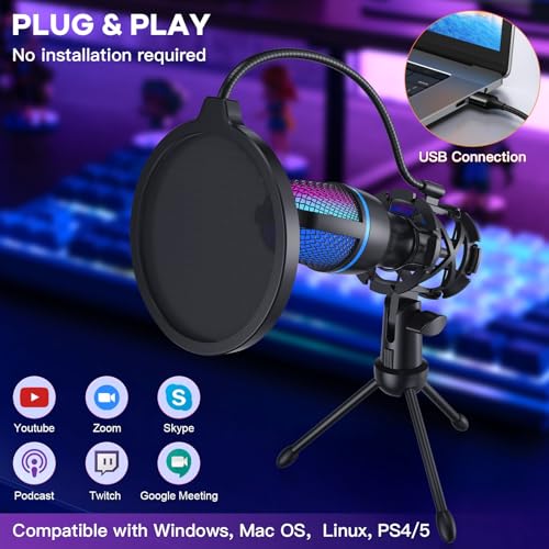 USB PC Condenser Microphone, RGB Light with Tripod & Accessories for Compatible with PS4/5 PC Podcast Streaming