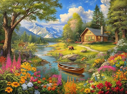 1000 Piece Jigsaw Puzzle for Adults - Log Cabin by a Mountain Lake - Challenging Puzzle - Adult 1000 Piece Puzzle - Wildlife Floral Landscape Scene with Canoe. 20x27 inches - color: Mountain Refuge