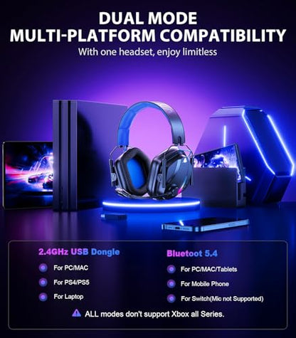 Vakedy Wireless Gaming Headset for PS5, PS4, PC, 2.4GHz Low-Latency & Bluetooth 5.4 Gaming Headphone with Noise Canceling Mic, 50mm Drivers, 50H Battery Wireless Headset for Switch, Mobile, Mac