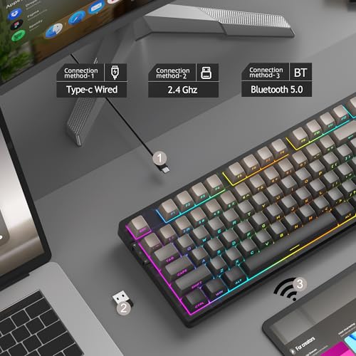 MageGee LIGHT87 Wireless Creamy Keyboard, Gasket Structure, RGB Backlit, 2.4G/USB-C/BT5.0 Hot Swappable Mechanical Gaming Keyboard for Win/Mac/PC, 8000mAh Battery, Side Printed PBT Keycaps, Black - color: Grey Black/Blue Whale Switch