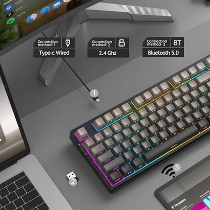 MageGee LIGHT87 Wireless Creamy Keyboard, Gasket Structure, RGB Backlit, 2.4G/USB-C/BT5.0 Hot Swappable Mechanical Gaming Keyboard for Win/Mac/PC, 8000mAh Battery, Side Printed PBT Keycaps, Black - color: Grey Black/Blue Whale Switch