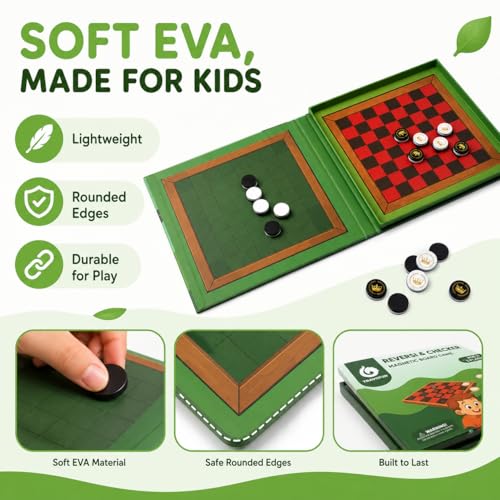 2-in-1 Checkers & Reversi Board Game | Magnetic Travel Games for Kids 8-12 | Plane Activities for Kids Ages 8-12 | Foldable Magnetic Checkers & Travel Activities - style: Checkers & Reversi