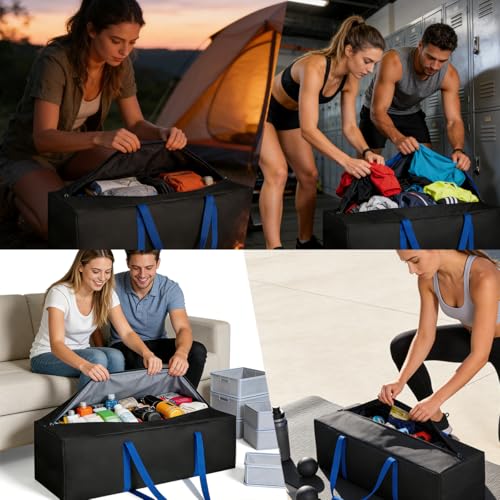 Sports Duffle Bag, 60 Inch Extra Large - Heavy Duty for Travel Gym Camping | 600D PU fabric, reinforced stitching & dual-zipper top. Padded suitcase-style grab handle. Wide blue webbing trim. - size: 60-inch
