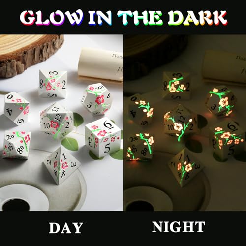 Metal DND Dice, DNDND 7 PCS Glow in The Dark Metallic D&D Dice Set with Gorgeous Gift Case for Dungeons and Dragon Tabletop Game (Glow in The Dark Pink) - color: Flower Glow Pink