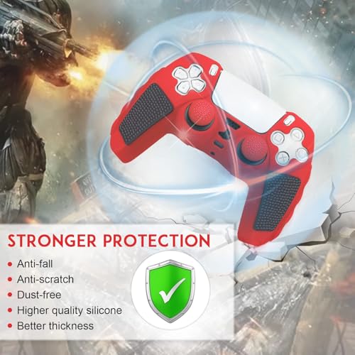 SIKEMAY Anti-Slip PS5 Controller Skin, Soft Thicken Non-Slip Studded Silicone Gel Grip Protective Cover Case for PlayStation 5 Controller Grip, 2 Pack with 8 x Thumb Grip Caps - color: Red-Black