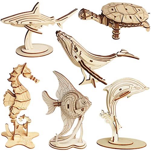 3D Wooden Sea Animal Puzzle - 6 Piece Set Wood Sea Animals Skeleton Assembly Model Kits - Wooden Crafts DIY Brain Teaser Puzzle - STEM Gifts for Adults & Teens Birthday Gifts Christmas - style: Sea Animals 6 model