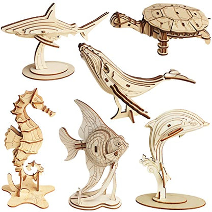 3D Wooden Sea Animal Puzzle - 6 Piece Set Wood Sea Animals Skeleton Assembly Model Kits - Wooden Crafts DIY Brain Teaser Puzzle - STEM Gifts for Adults & Teens Birthday Gifts Christmas - style: Sea Animals 6 model