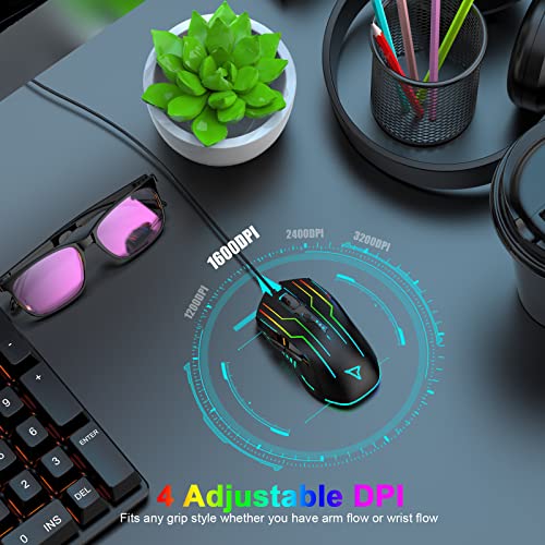 Gaming Mouse Wired, Lightweight Gaming Mice, Breathing RGB Plug Play High-Precision Adjustable 3200 DPI Ergonomic PC Gaming Mouse for Gamer, Wired Mouse for Laptop