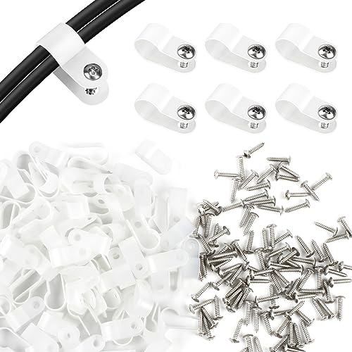 RGBZONE 120pcs 1/2" White R-Type Cable Clips with Screws | Nylon Plastic Wire Clips for Indoor Outdoor Electrical Wire Cord Management (13.2mm, 1/2") - color: White, size: 1/2 Inch