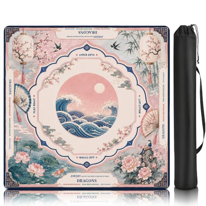 Crane Waves Mahjong Mat for Table with Carrying Bag, Anti Slip Noise Reduction Game Table Cover for Mahjong, Card, Board Tile Games, 31.5'' x 31.5'' - color: Moonlit Crane Waves