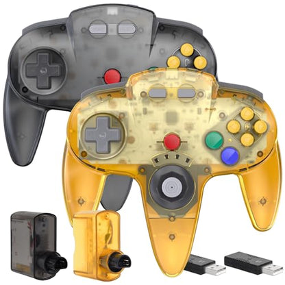 2 Pack Wireless N64 Controller for Switch 1 & 2,N64 Console,Gunmetal/Yellow | (Built-in Vibration) (Rechargeable) (3D Analog Stick), 2.4 GHz USB & N64 Receiver Made for Switch Online, Windows PC, macOS - color: Two Pack Gunmetal Grey/Clear Yellow