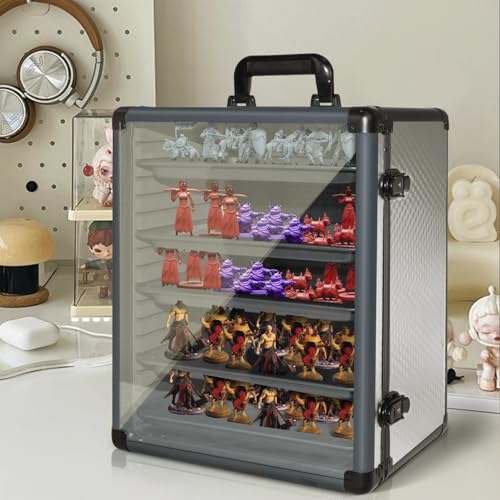 ORKELS Miniatures Storage Case with 5 Metal Tray, Clear Display Transport Case with Lock, Aluminum Alloy Frame Organizer for Mini Action Figures, Collectibles