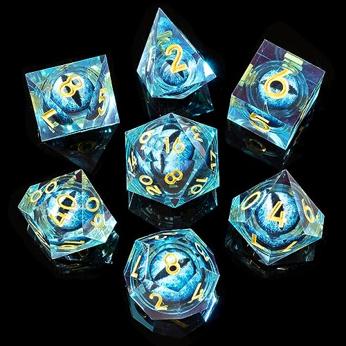 Beholder'S Eye DND Dice- Dragon Eye Liquid Core Sharp Edge Handmade Dice Set for Dungeons and Dragons Ttrpg, Multi-Sided RPG Polyhedral Resin Roleplaying （Blue Dragon Eyes） - color: Dragon Eye-blue