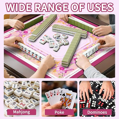 Mahjong Mat with Black Carrying Bag, 31.5"x31.5" Anti-Slip Noise Reduction Gaming Mat for Mahjong, Poker, Board Games, 3 Dice & Black Storage Bag - color: Light Pink