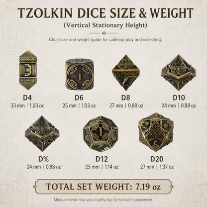 Tzolkin Metal DND Dice Set, 7-Piece Polyhedral Dice | Solid zinc alloy dice with heavy feel, Mayan Aztec calendar details, readable numbers, and temple collector box for RPG play - color: Ancient Bronze