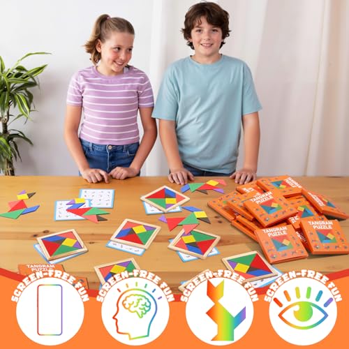 Dunzoom 50 Pack Wooden Tangram Puzzle for Kids, Bulk Party Favors and Classroom Rewards, Stem Learning Jigsaw Games, Educational Brain Teaser Toys, Goodie Stuffers for Ages 4-8 (Vibrant Bright) - color: Vibrant Bright