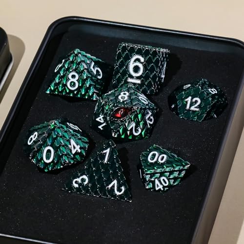 Metal Dice Set D&D,7 PCS Dragon Scale Metallic DND Dice Set,Dragon Eye Metal Dice with Grogeous Gift Case for Dungeons and Dragon Tabletop Game (Dark Green Dragon Scale & Red Eye) - color: Dark Green Dragon Scale & Red Eye