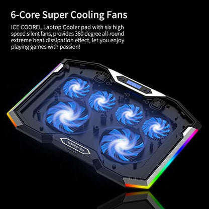 ICE COOREL Gaming Laptop Cooling Pad 15-17.3 Inch, Laptop Fan with 6 RGB Cooling Fans, Laptop Cooling Stand with 6 Height Adjustable, Laptop Cooler with LCD Screen, 2 USB Ports, Phone Stand - size: 6 Fans