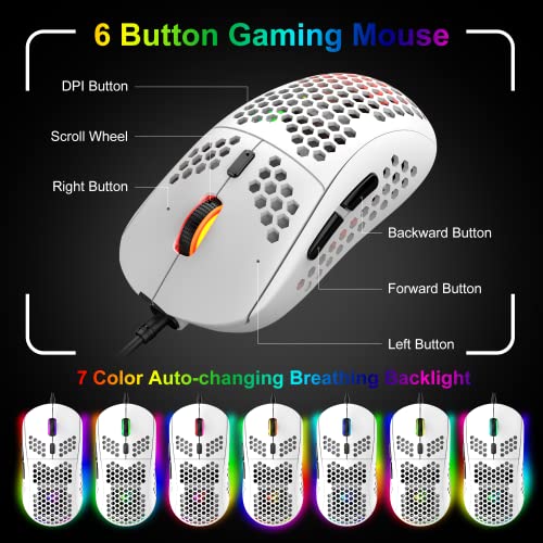 60% Gaming Keyboard and Mouse Combo Samll Mini RGB LED Backlight Mechanical Feeling and RGB 6400 DPI Honeycomb Optical Mouse,Gaming Mouse pad for Gamers and Typists - color: White
