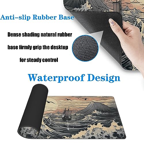 Japanese Sea Waves Large Gaming Mouse Pad,XL Mouse Pad Gaming Mouse Mat Desk Pad,31.5 x 11.8in Desk Mat Anime Mouse Pads for Desk,Extended Keyboard Pad Mousepad with Non-Slip Base and Stitched Edge - color: Japanese Waves