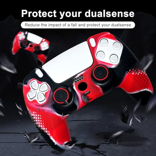 Anti-Slip Red&Black Controller Skin,Studded Edition Protective Silicone Cover Skin Grips Compatible with PS5/Slim/Pro Controller and 6 PCS Thumb Grips Caps. - color: Red & Black
