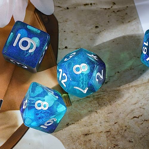 UDIXI Jellyfish DND Dice Set D&D Polyhedral Dice Set for RPG Tabletop Games | Velvet Storage Bag, DM Gift, for Dungeons and Dragons Role Playing Games Board Games - color: Ocean/Jellyfish