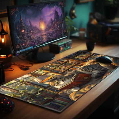 Card Playmat 70 x 40 cm Game Mats Tabletop Magic for MTG/TCG Cards, Trading Card Game Playing Stitched Commander Deck Gaming Desk Duel Mat Card Gameplay Mats, Library Cat - color: Library Cat, size: 27.5"X15.7"