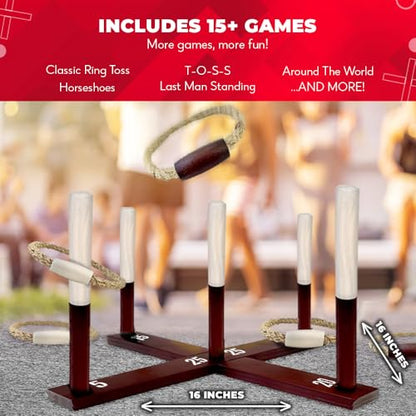Swooc Games - Rustic Ring Toss Game (All Weather) - Easy Setup & Extra Games Included - Ring Toss Game for Adults - Outdoor Activities for Adults - Yard Toys for Kids - Backyard Fun - Outdoor Party - size: Standard