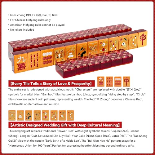 Luxury Chinese Mahjong Set - 144 Professional Acrylic Tiles with Red Designer Handbag Case - Double Happiness Art Edition for Weddings, Anniversaries& New Year - Premium Cultural Collectible gift - color: Red 1