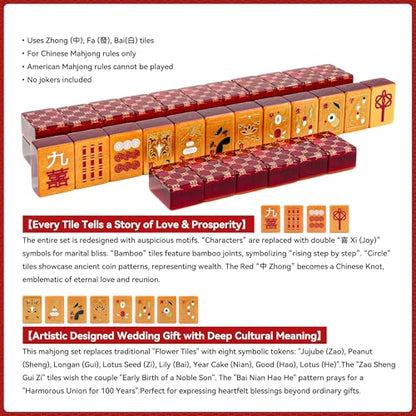Luxury Chinese Mahjong Set - 144 Professional Acrylic Tiles with Red Designer Handbag Case - Double Happiness Art Edition for Weddings, Anniversaries& New Year - Premium Cultural Collectible gift - color: Red 1
