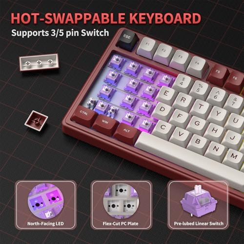 RK ROYAL KLUDGE R75 Mechanical Keyboard Wired with Volume Knob, 75% Keyboard Gasket Mounted, RGB Backlit, Creamy Keyboard with MDA Profile, PBT Keycaps, Hot Swappable Pre-lubed Linear Switch - color: red