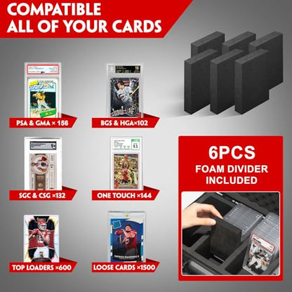 Graded Card Storage Box, 6 Row black Hard Slab Case Trading Card Holder | Super load-bearing aluminum case,Fits 156 PSA/BGS/SGC graded cards Features lock, 6 foam dividers & shoulder strap - color: Black-6 Rows