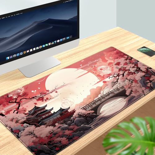 Pink Full Moon Desk Mat Japanese Sakura Blossom Large Mouse Pad Extended Japan Aesthetic Gaming Mousepad XXL Keyboard Pad Mouse Mat 31.5''X15.7'' Desk Pad Office Decor - color: Pink Full Moon