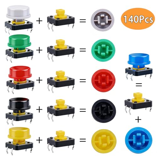 TWTADE/140PCS Tactile Push Button Switch 4 Pin Momentary Tact Switches 12x12x7.3mm with 7 Color Switch Caps (70Sets) - color: 7 Colors-4 Pin 12x12x7.3mm