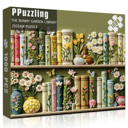 Spring Floral Bookshelf Puzzles for Adults 1000 Pieces, Challenging Bunny Garden Library with Flower and Butterfly, Vintage Botanical Book Spine Aesthetic Art Jigsaw Puzzle