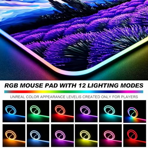 RGB Fantasy Starry Night Lavender Field Gaming Desk Mat, Computer Keyboard Large Extended Long Floral LED Mouse Pad for Office and Home, XL (W27) - color: Rgb-w27