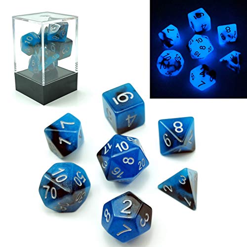 Bescon Two-Tone Glow-in-The-Dark Polyhedral Dice Set Blue Dawn, Luminous RPG Dice Set d4 d6 d8 d10 d12 d20 d% Brick Box Pack - color: Blue Dawn