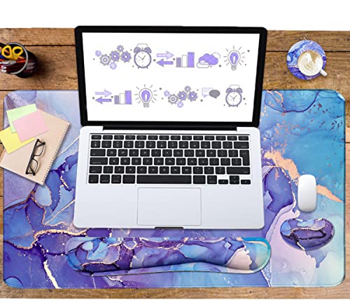 Large Mouse Pad and Keyboard Wrist Rest, Desk Pad for Keyboard and Mouse, 4-in-1 Large Gaming Mouse Pad with Wrist Support - Purple Marble - color: Purple Blue Marble