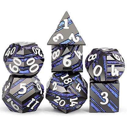 Dice Set D&D,DNDND Metallic Stripes Dice with Gift Case for Dungeons and Dragons DND (Nickel-Plated with Blue Stripes) - color: Stripe Blue