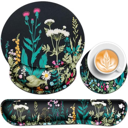 Mouse Pad with Wrist Rest Set, 3-in-1 Wrist Support Mouse Pad Set, Floral | Gaming MousePad with Anti-Skid Base,Ergonomic Mouse Pad,Memory Foam Keyboard Gel Wrists Rest - color: Flowers & Plants