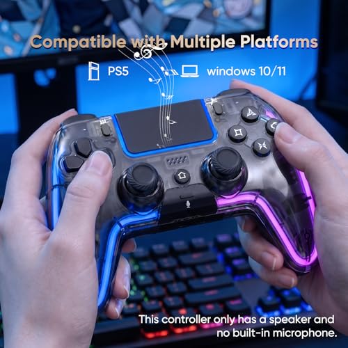 BETMI Wireless Controller for PS5, Pro/Slim/MAC/Steam Deck/PC (Transparent) | Hall Effect Joysticks,Dual Vibration, Marco/Turbo, 3.5mm Jack, 6-Axis Gyro, Mute, LED Gamepad with Speaker, L Blue R Pink - color: Transparent, L Blue R Pink